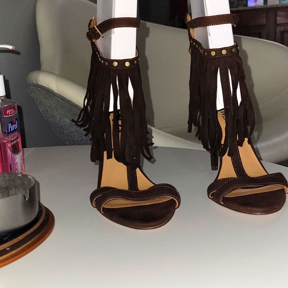 Nine West , suede brown , open toe heels , size 6 1/2 .